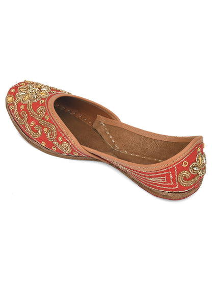 DESI COLOUR Women Red Embellished Leather Ethnic Mojaris Flats