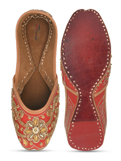 DESI COLOUR Women Red Embellished Leather Ethnic Mojaris Flats