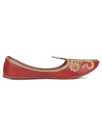 DESI COLOUR Women Red Embellished Leather Ethnic Mojaris Flats