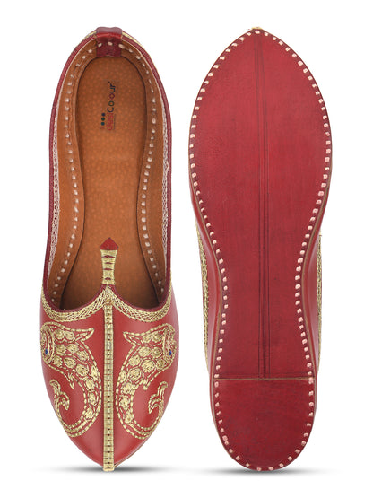 DESI COLOUR Women Red Embellished Leather Ethnic Mojaris Flats