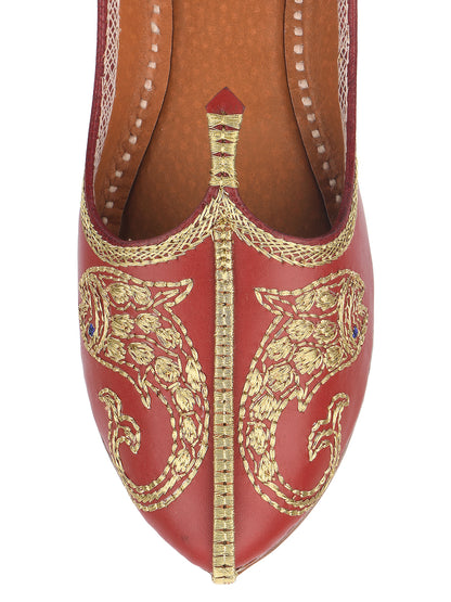 DESI COLOUR Women Red Embellished Leather Ethnic Mojaris Flats