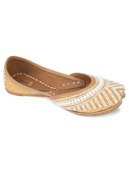 DESI COLOUR Women Gold-Toned Embellished Leather Ethnic Mojaris Flats