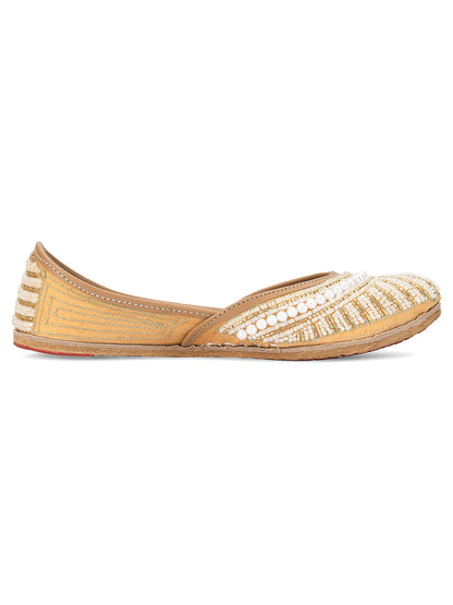 DESI COLOUR Women Gold-Toned Embellished Leather Ethnic Mojaris Flats