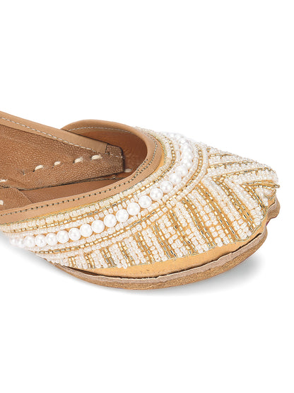 DESI COLOUR Women Gold-Toned Embellished Leather Ethnic Mojaris Flats