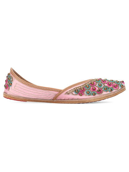 DESI COLOUR Women Pink Embellished Leather Ethnic Mojaris Flats