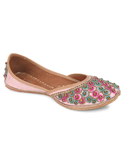 DESI COLOUR Women Pink Embellished Leather Ethnic Mojaris Flats