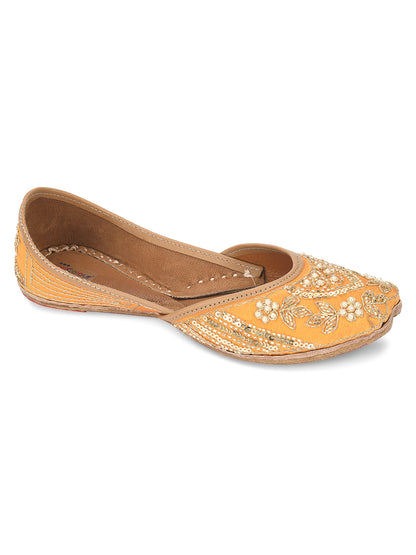 DESI COLOUR Women Mustard Embellished Leather Ethnic Mojaris Flats