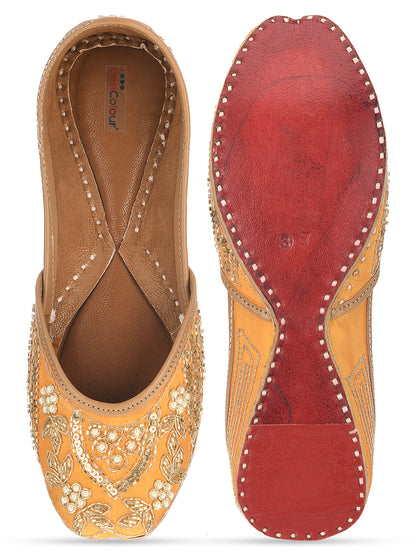 DESI COLOUR Women Mustard Embellished Leather Ethnic Mojaris Flats