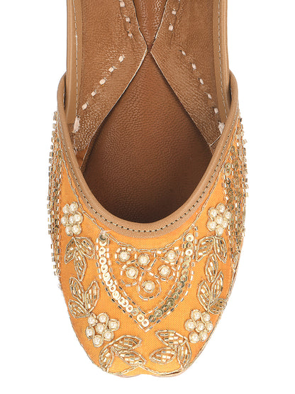 DESI COLOUR Women Mustard Embellished Leather Ethnic Mojaris Flats