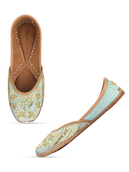 DESI COLOUR Women Blue Embellished Leather Ethnic Mojaris Flats