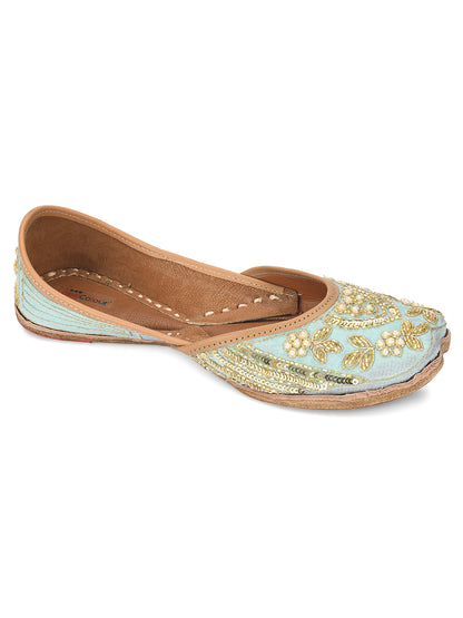 DESI COLOUR Women Blue Embellished Leather Ethnic Mojaris Flats