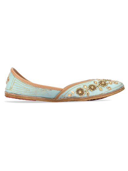 DESI COLOUR Women Blue Embellished Leather Ethnic Mojaris