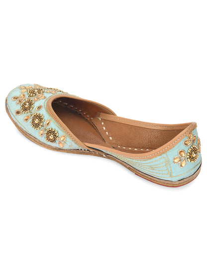 DESI COLOUR Women Blue Embellished Leather Ethnic Mojaris