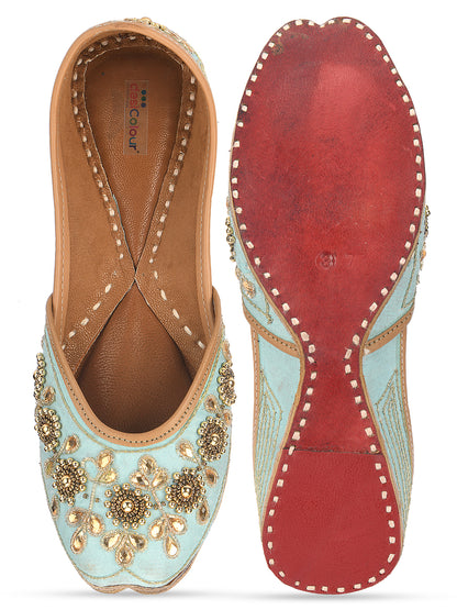 DESI COLOUR Women Blue Embellished Leather Ethnic Mojaris