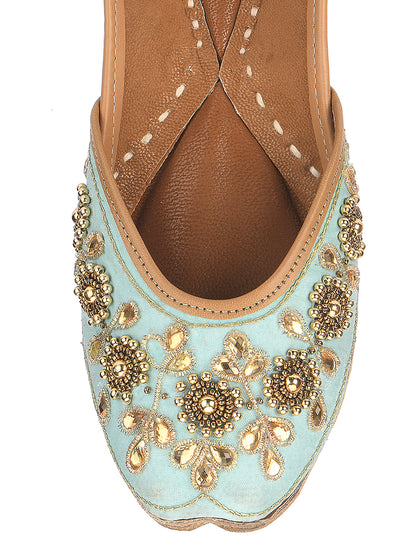 DESI COLOUR Women Blue Embellished Leather Ethnic Mojaris