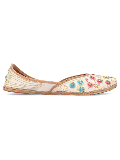 DESI COLOUR Women Off White Embellished Leather Ethnic Mojaris Flats