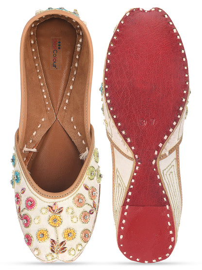 DESI COLOUR Women Off White Embellished Leather Ethnic Mojaris Flats