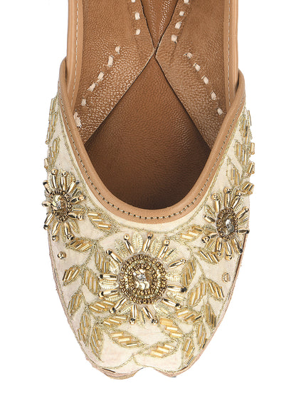 DESI COLOUR Women Off White Embellished Leather Ethnic Mojaris Flats