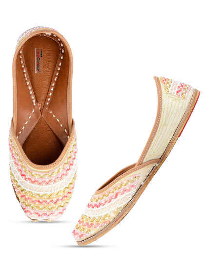 DESI COLOUR Women Yellow Embellished Ethnic Embroidered Leather Mojaris Flats