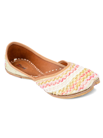 DESI COLOUR Women Yellow Embellished Ethnic Embroidered Leather Mojaris Flats