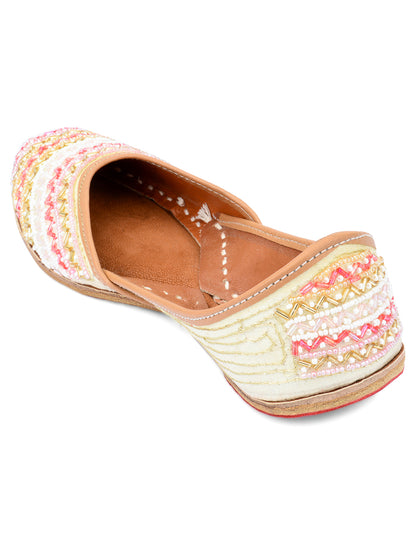 DESI COLOUR Women Gold-Toned Embellished Leather Ethnic Mojaris Flats