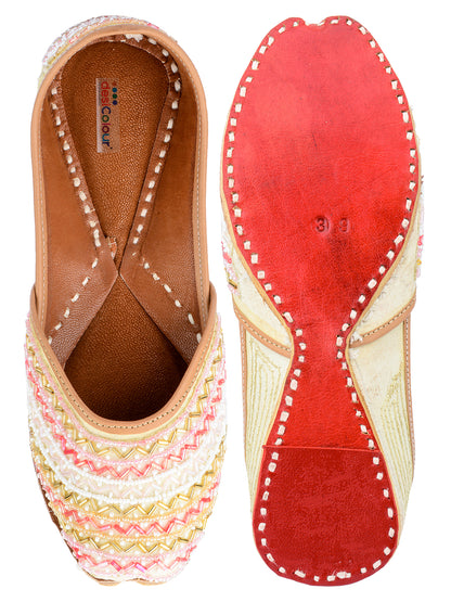 DESI COLOUR Women Gold-Toned Embellished Leather Ethnic Mojaris Flats