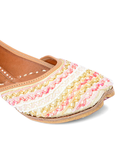 DESI COLOUR Women Gold-Toned Embellished Leather Ethnic Mojaris Flats