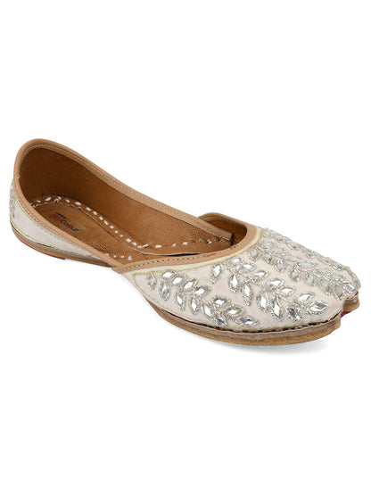 DESI COLOUR Women White Embellished Leather Ethnic Mojaris