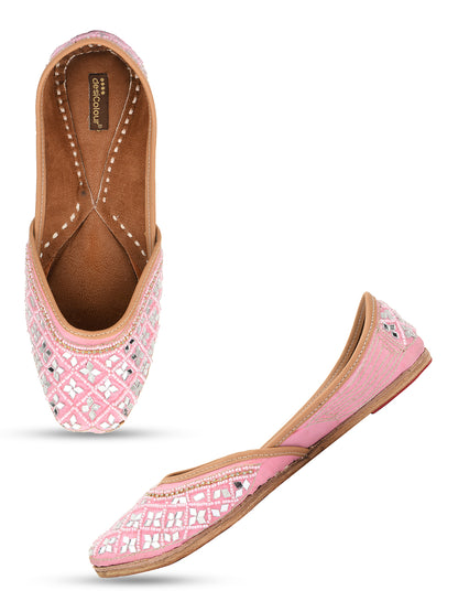 DESI COLOUR Women Pink Embellished Ethnic Mojaris Flats