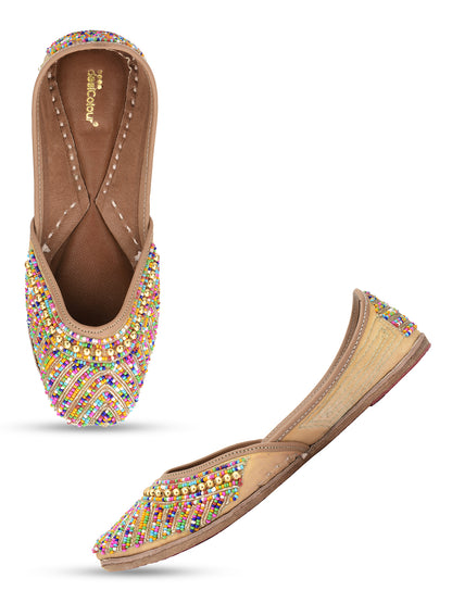 DESI COLOUR Women Beige Embellished Ethnic Mojaris Flats