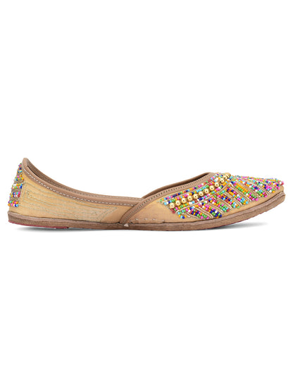 DESI COLOUR Women Beige Embellished Ethnic Mojaris Flats