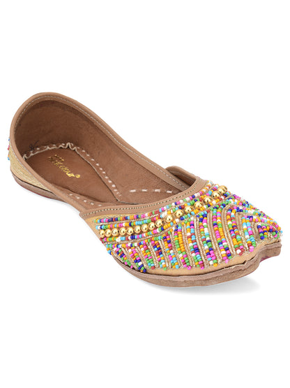 DESI COLOUR Women Beige Embellished Ethnic Mojaris Flats