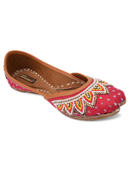 DESI COLOUR Women Red Embellished Ethnic Mojaris Flats