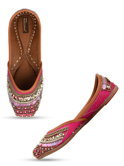 DESI COLOUR Women Pink Embellished Ethnic Mojaris Flats