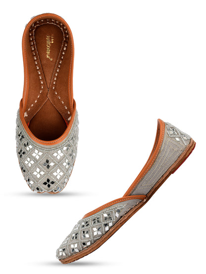 DESI COLOUR Women Grey Embellished Ethnic Mojaris Flats