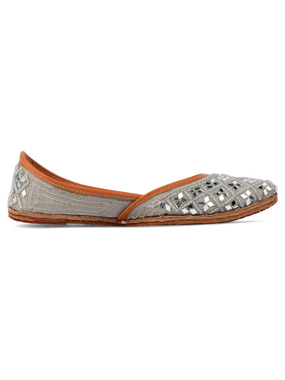 DESI COLOUR Women Grey Embellished Ethnic Mojaris Flats