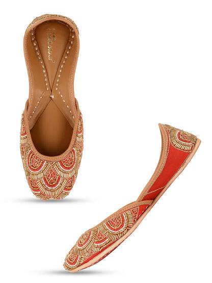 DESI COLOUR Women Red Embellished Leather Ethnic Flats