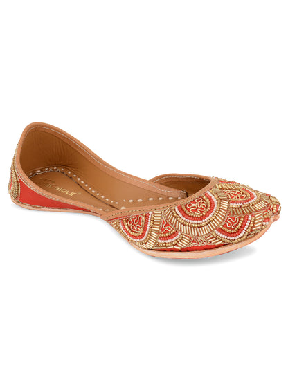 DESI COLOUR Women Red Embellished Leather Ethnic Flats