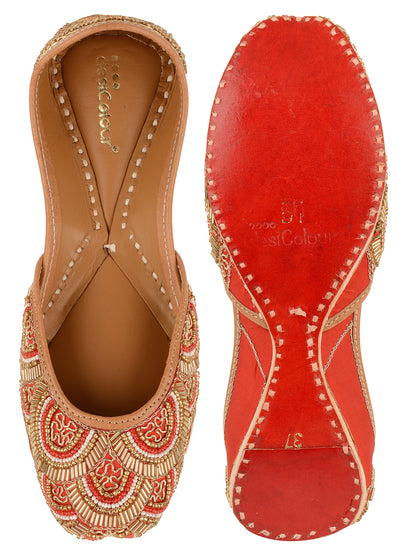 DESI COLOUR Women Red Embellished Leather Ethnic Flats