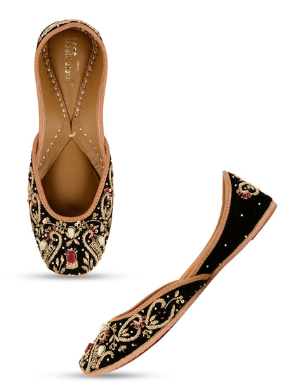 DESI COLOUR Women Burgundy  Gold-Toned Embellished Leather Ethnic Mojaris