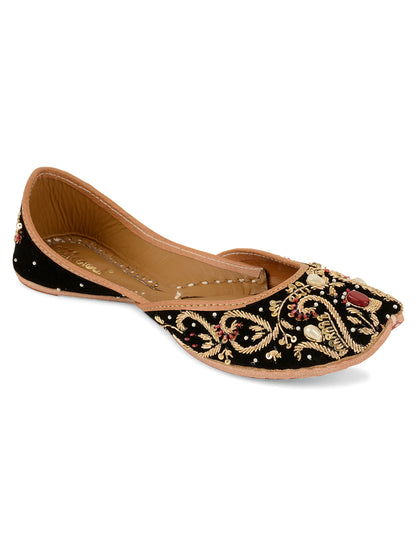 DESI COLOUR Women Burgundy  Gold-Toned Embellished Leather Ethnic Mojaris