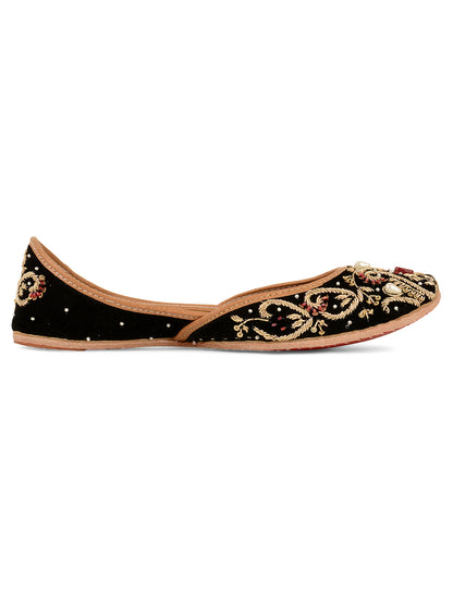 DESI COLOUR Women Burgundy  Gold-Toned Embellished Leather Ethnic Mojaris