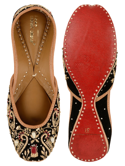 DESI COLOUR Women Burgundy  Gold-Toned Embellished Leather Ethnic Mojaris