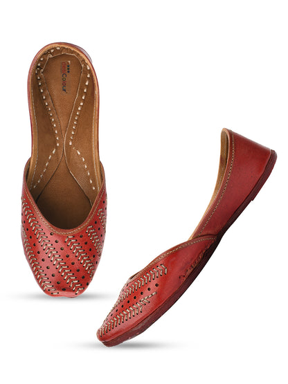 DESI COLOUR Women Tan Embellished Leather Ethnic Mojaris with Laser Cuts Flats