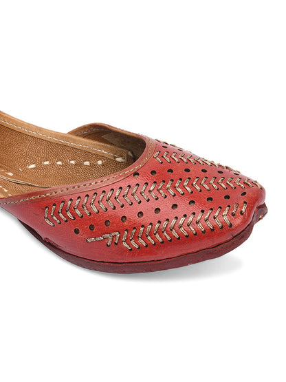 DESI COLOUR Women Tan Embellished Leather Ethnic Mojaris with Laser Cuts Flats