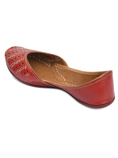 DESI COLOUR Women Tan Embellished Leather Ethnic Mojaris with Laser Cuts Flats