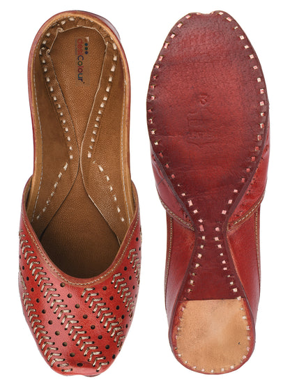 DESI COLOUR Women Tan Ethnic Leather Mojaris Flats