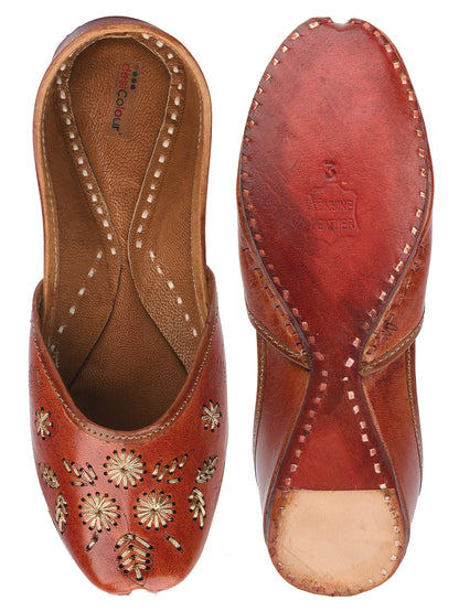 DESI COLOUR Women Brown Textured Leather Ethnic Mojaris Flats