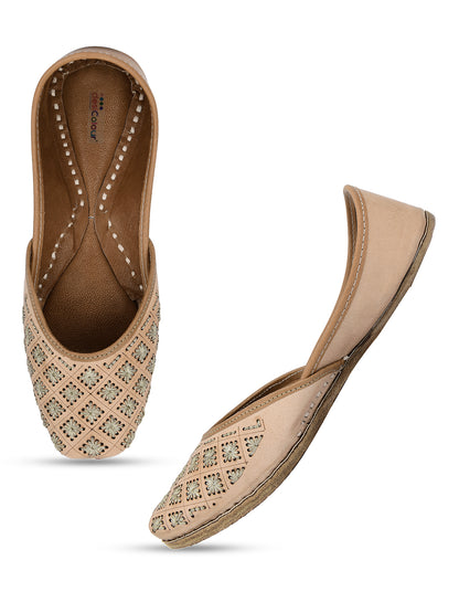 DESI COLOUR Women Nude-Coloured Embellished Leather Ethnic Mojaris Flats