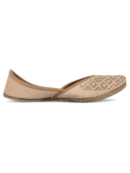 DESI COLOUR Women Nude-Coloured Embellished Leather Ethnic Mojaris Flats